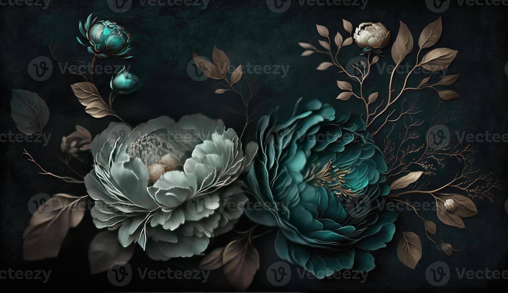 , Close up of blooming flowerbeds of amazing teal flowers on dark moody floral textured background. Photorealistic effect. photo