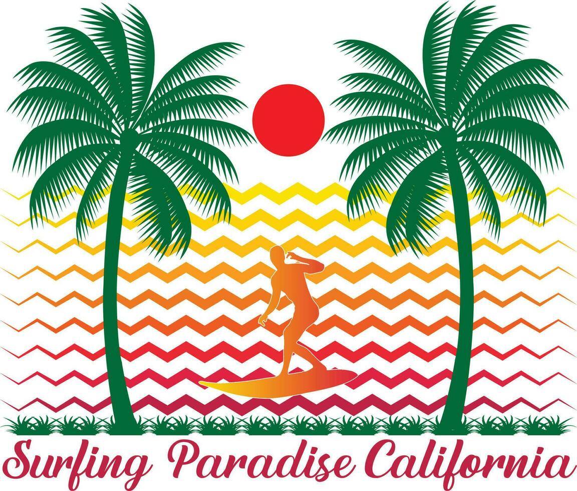 Surfing Paradise California T-shirt Design vector