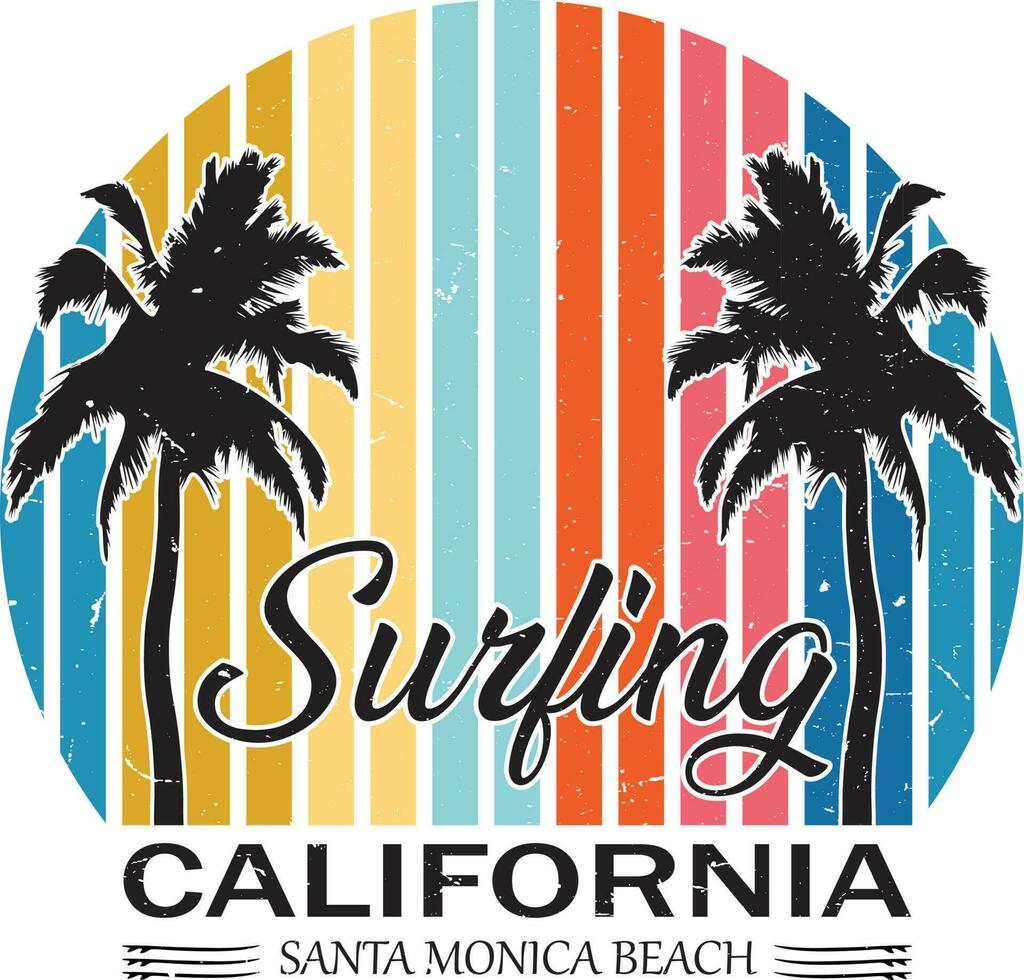 Surfing California Santa Monica Beach T-shirt Design Vector Illustration