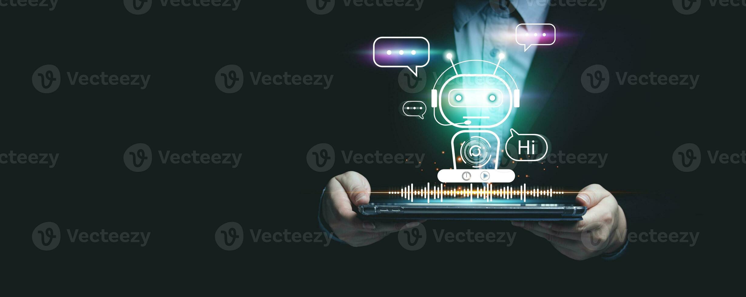 Online customer service by intelligent digital AI Chatbot application. Businessmen chat online with chat robots on a tablet. technology innovation robot, communication and answer with fast process photo