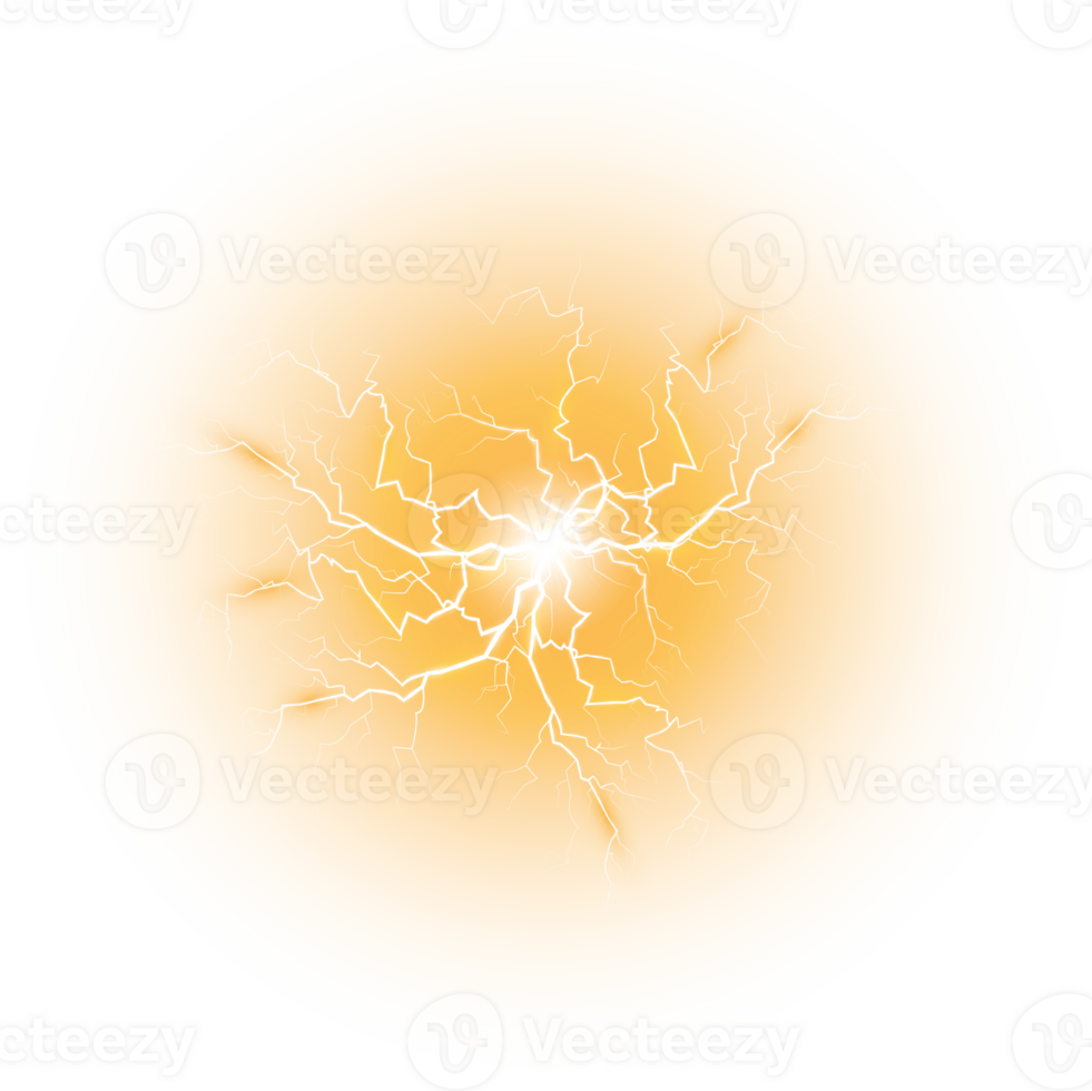 Yellow Magic lightning and bright light effects. Discharge electric current. Charge current. Natural phenomena. PNG. png