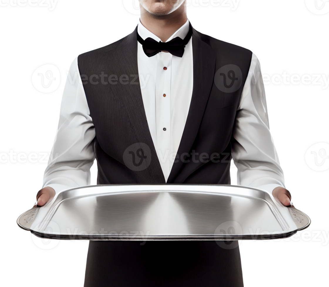 Waiter holding empty silver tray, created with png