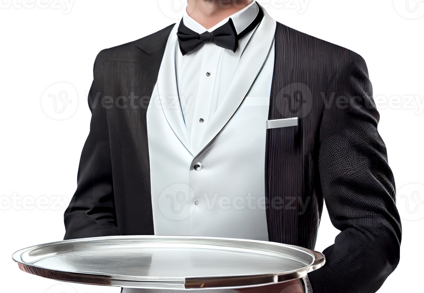 Waiter holding empty silver tray, created with png