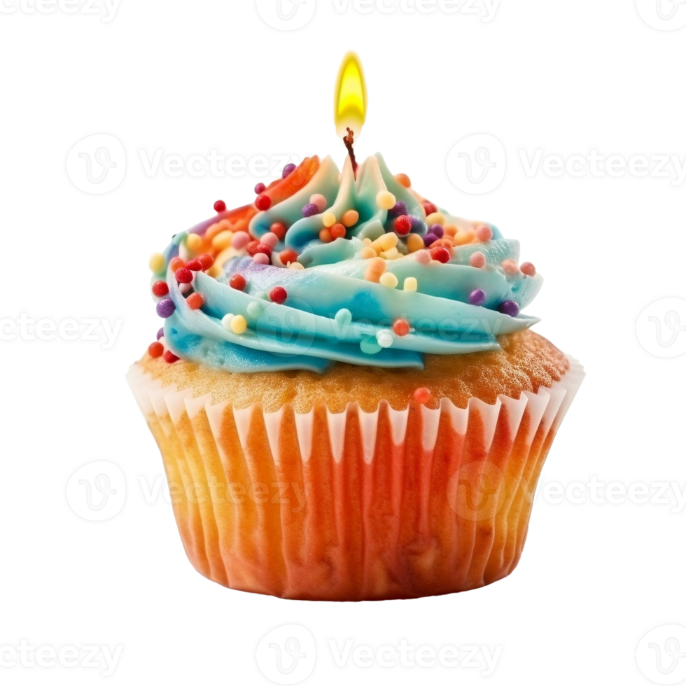 Sweet colorful birthday cupcake with candle on transparent background, created with png