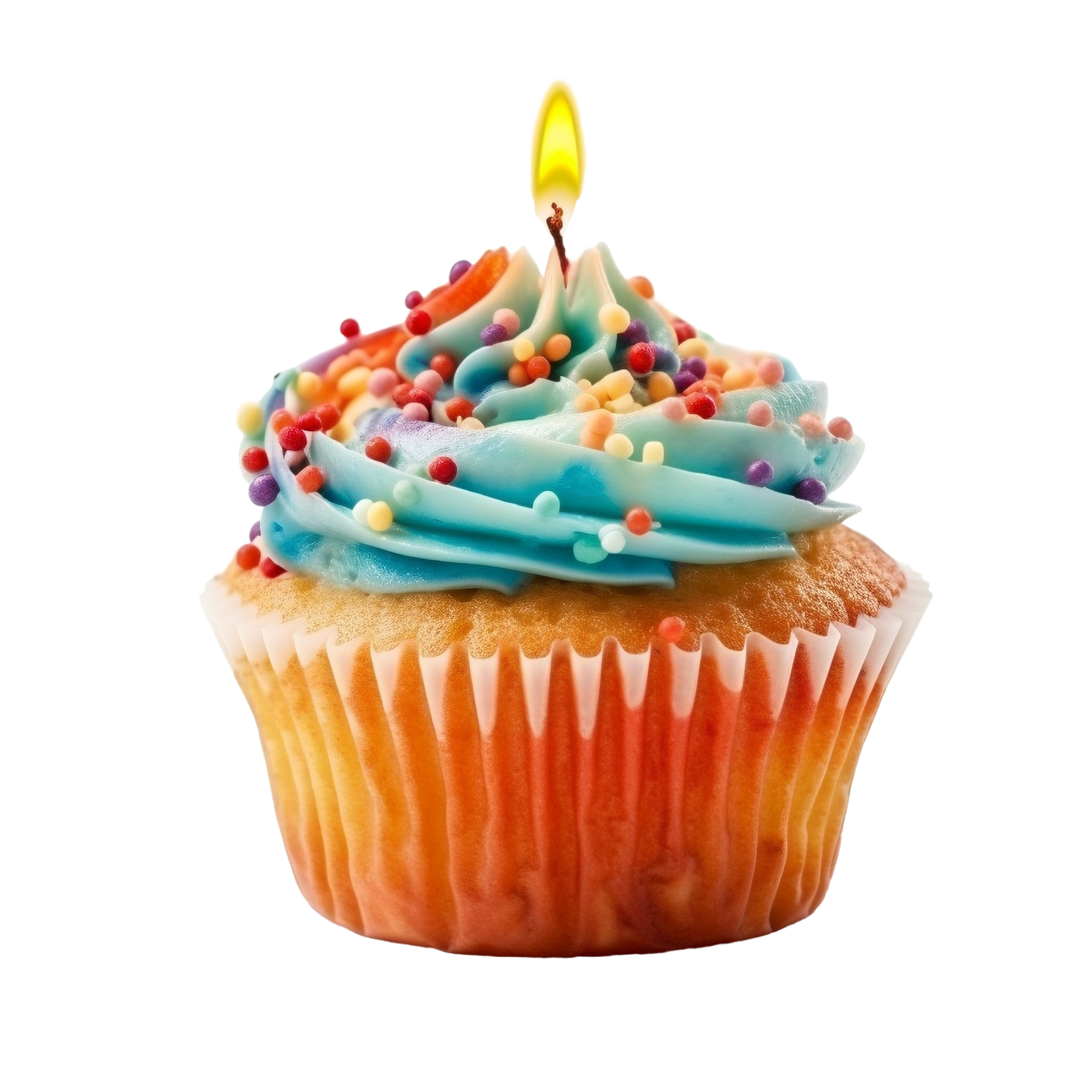 Sweet colorful birthday cupcake with candle on transparent background