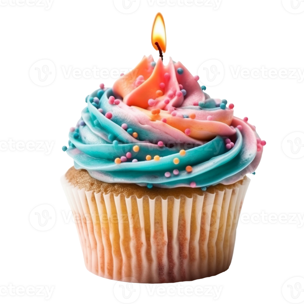 Sweet colorful birthday cupcake with candle on transparent background, created with png