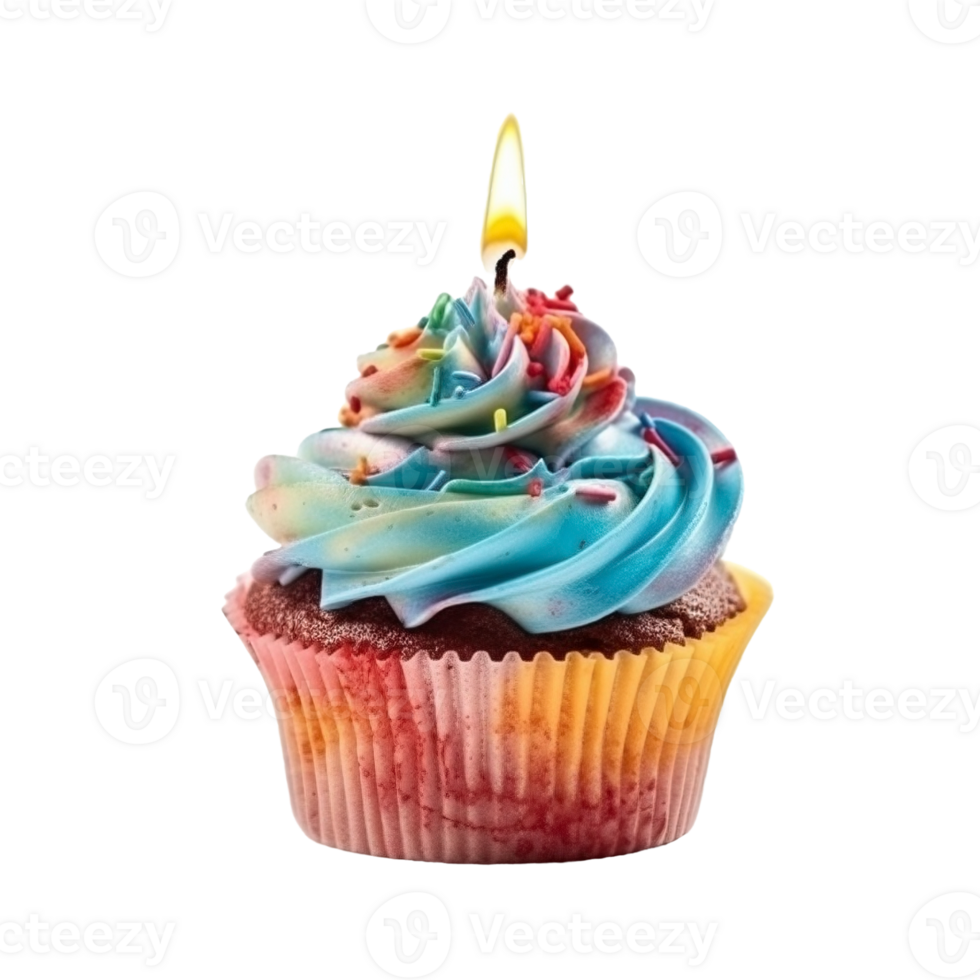 Sweet colorful birthday cupcake with candle on transparent background, created with png