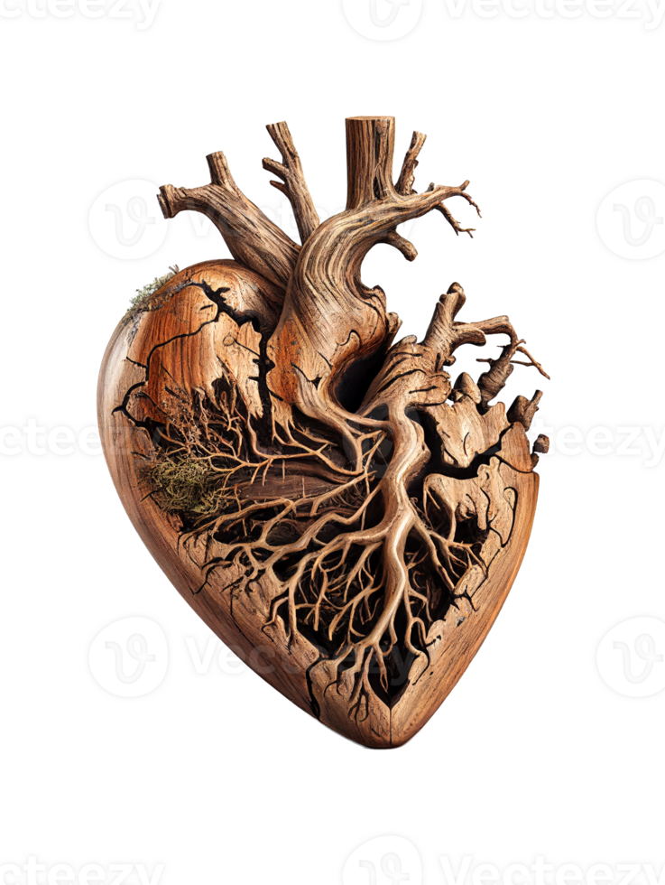 Wooden heart on transparent background, created with png