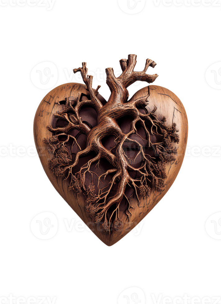 Wooden heart on transparent background, created with png