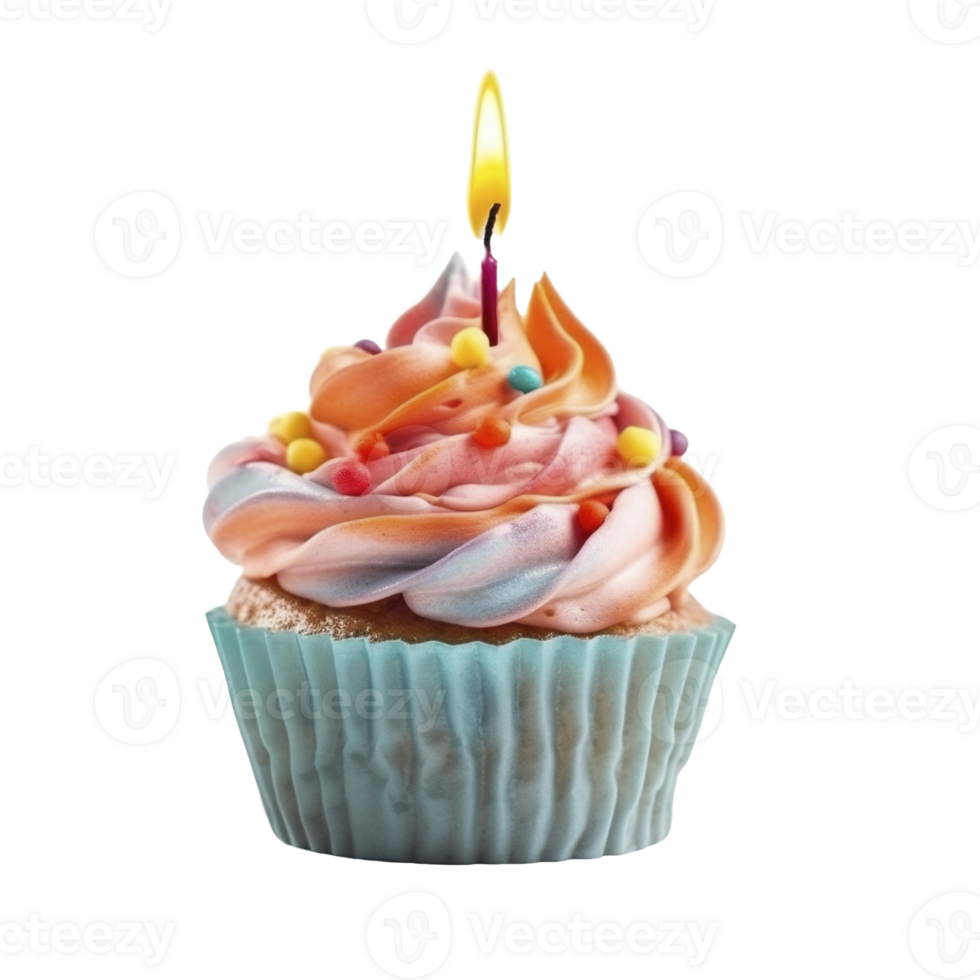Sweet colorful birthday cupcake with candle on transparent background, created with png