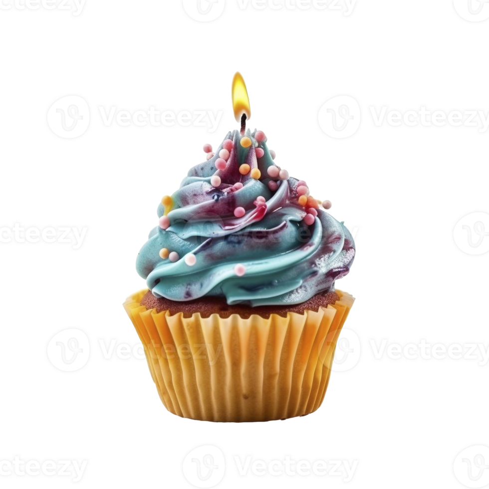 Sweet colorful birthday cupcake with candle on transparent background, created with png