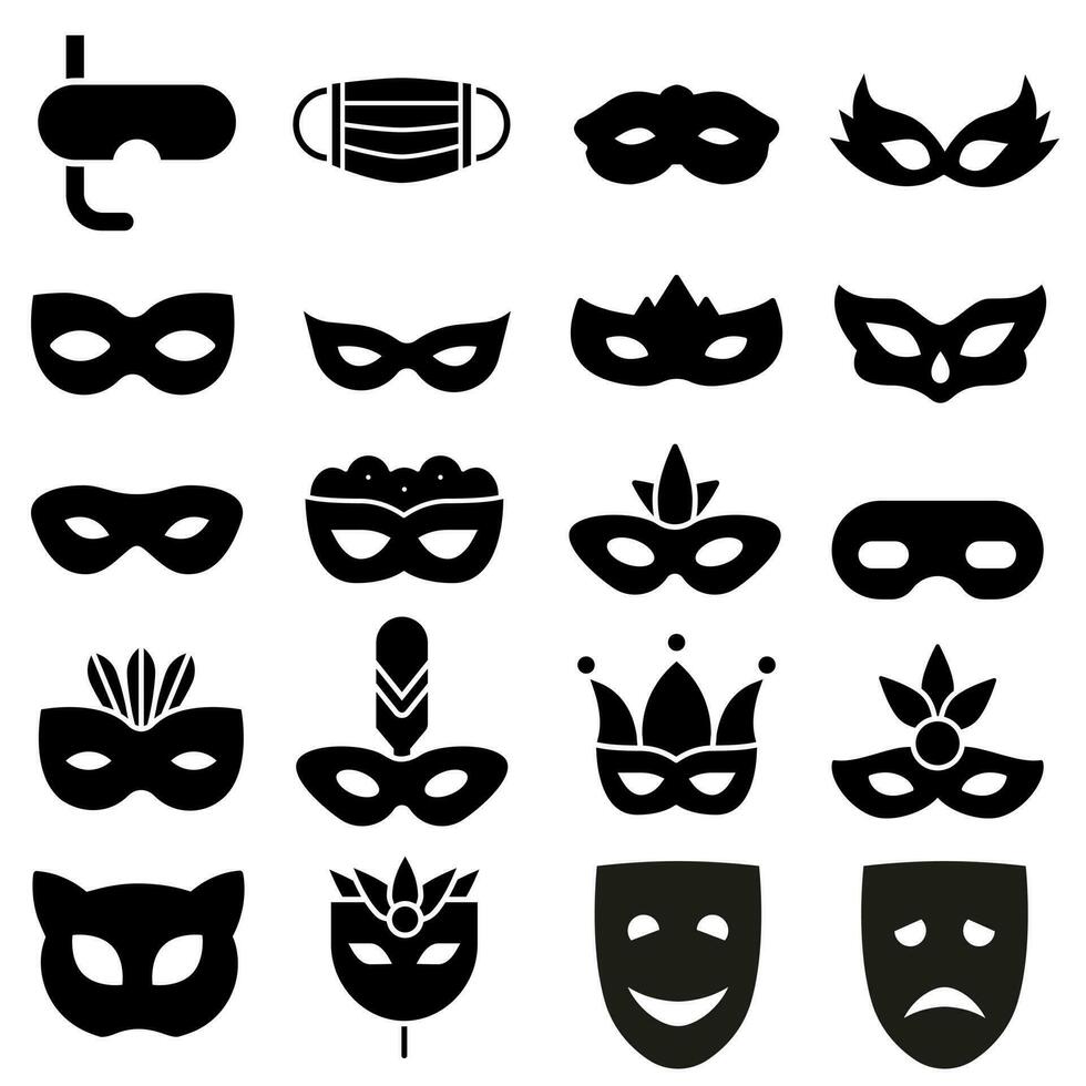 carnaval máscara icono vector colocar, anónimo ilustración firmar recopilación. logo aislado en blanco antecedentes.