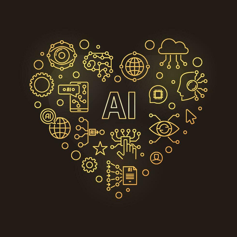 AI Heart linear golden banner. Vector heart-shaped I Love Artificial intelligence illustration