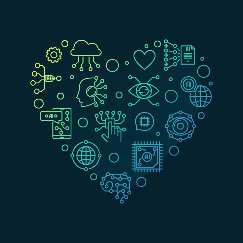 Artificial Intelligence line heart shaped vector colored banner. I Love AI illustration