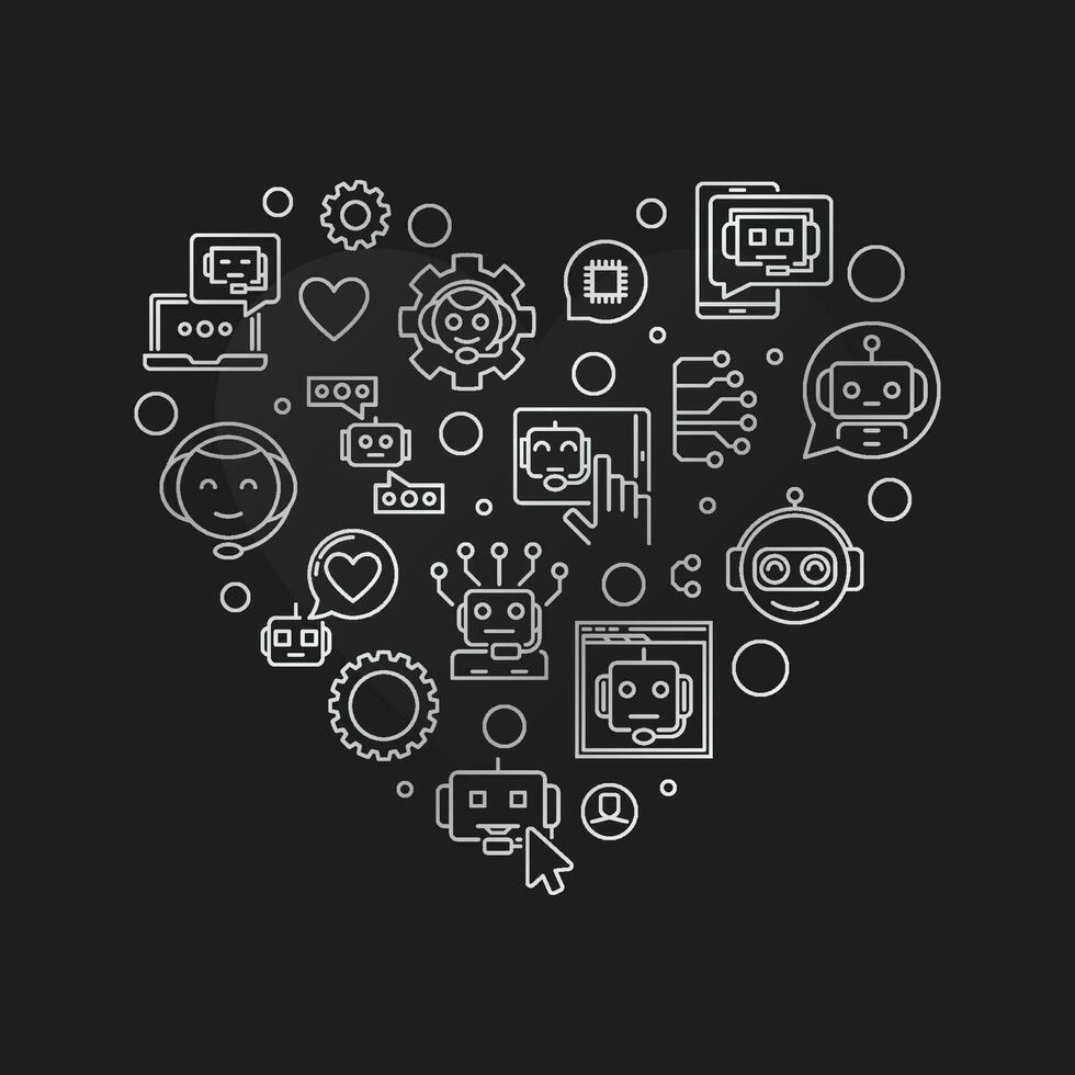 I Love Chatbot Technology line heart silver banner - Chatter Bot vector illustration on dark background