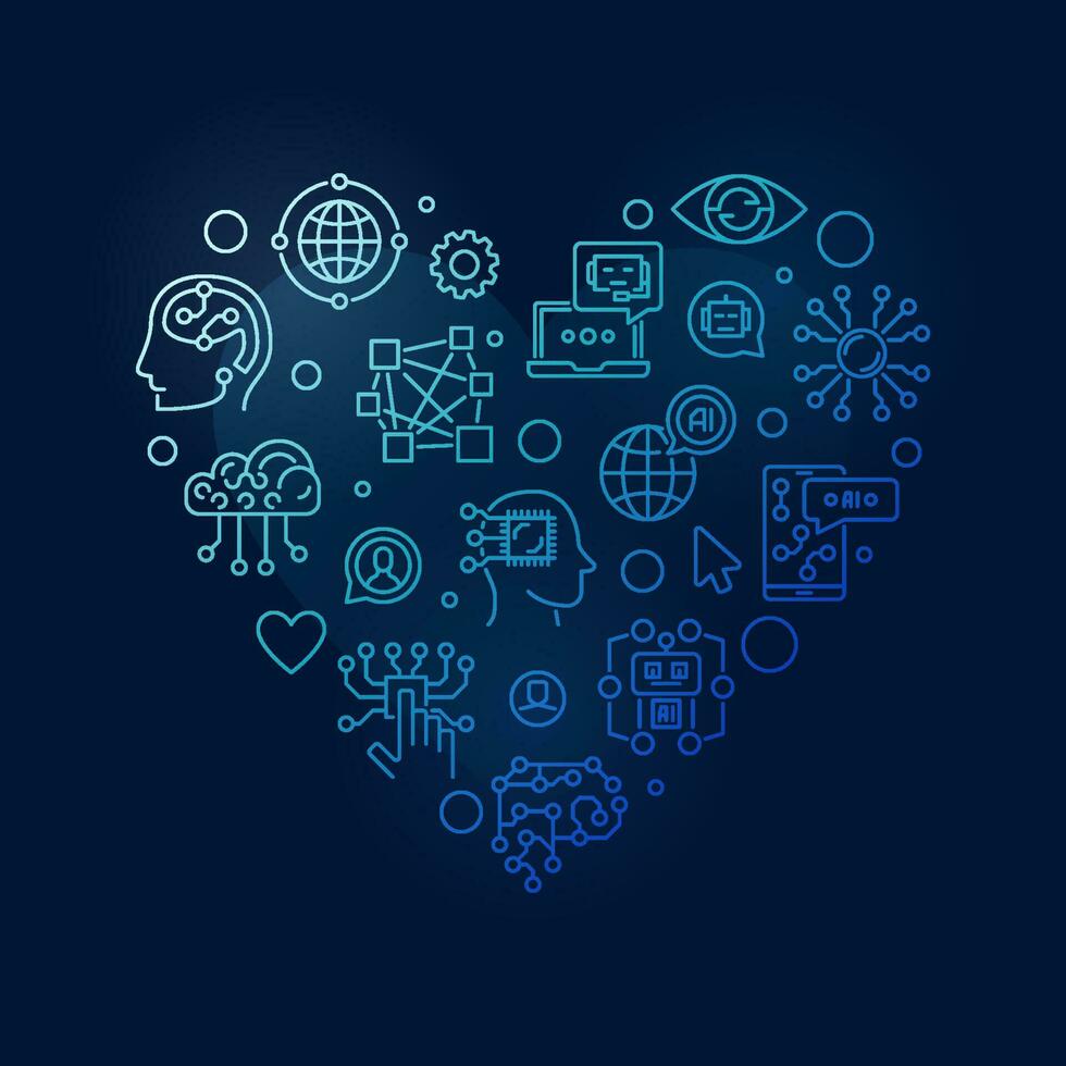 I Love AI Technology concept thin line heart shaped blue banner - vector Tech linear illustration