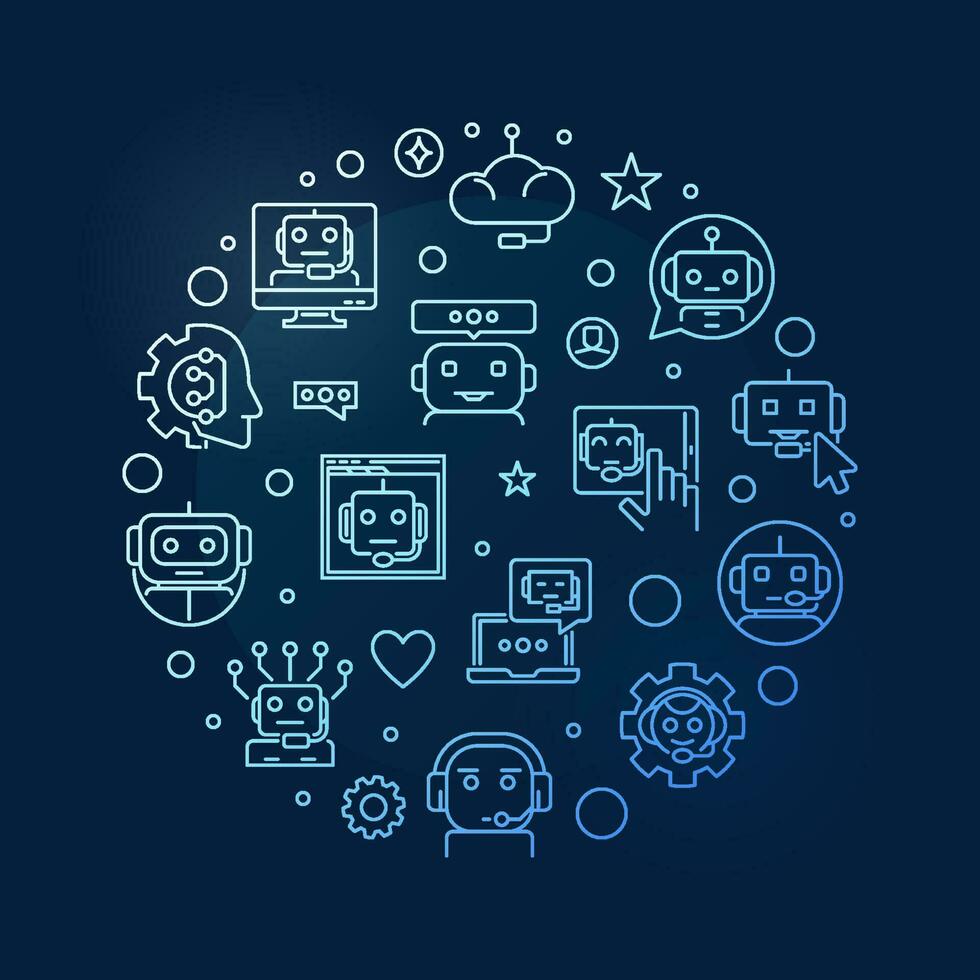 Virtual Assistant or Chat-Bot Technology outline blue round banner. Chatbot vector illustration