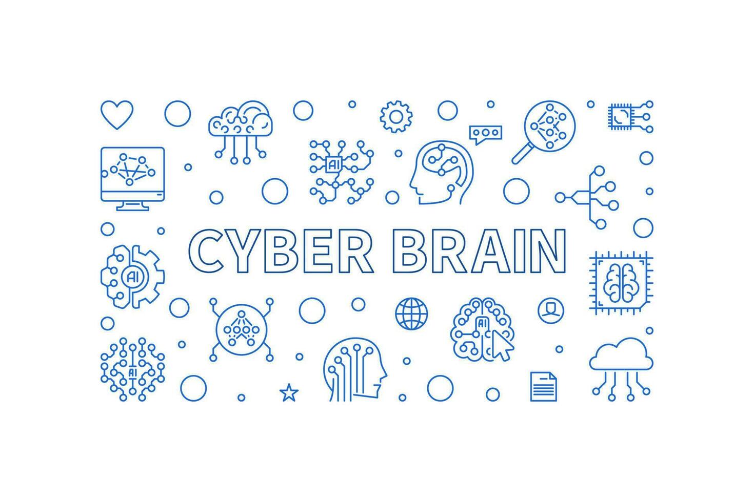 Cyber Brain concept vector horizontal simple outline banner