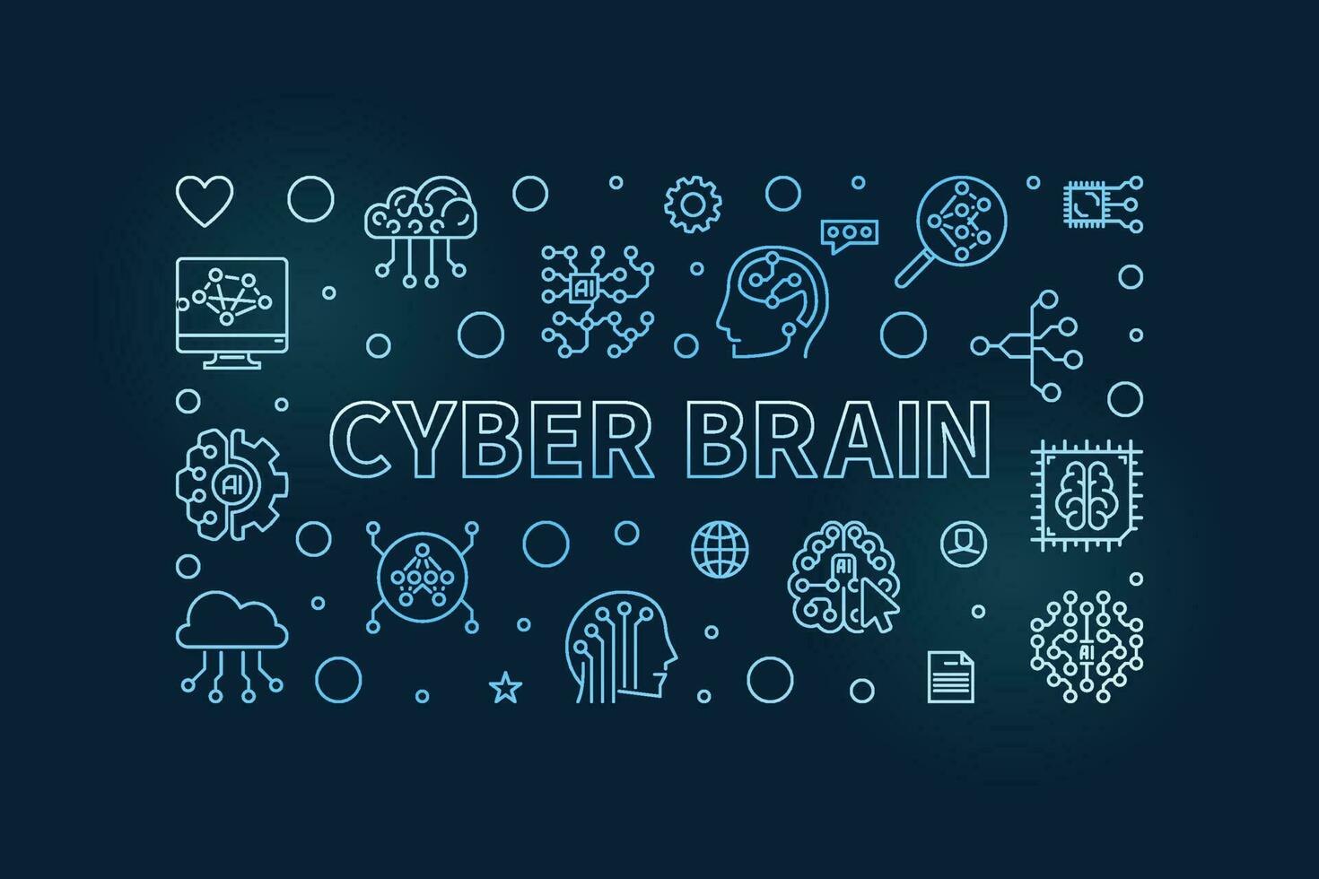 Cyber Brain concept vector horizontal outline blue banner