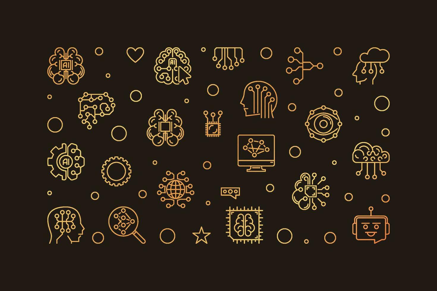 Artificial Intelligence Cyber Mind vector line horizontal golden banner