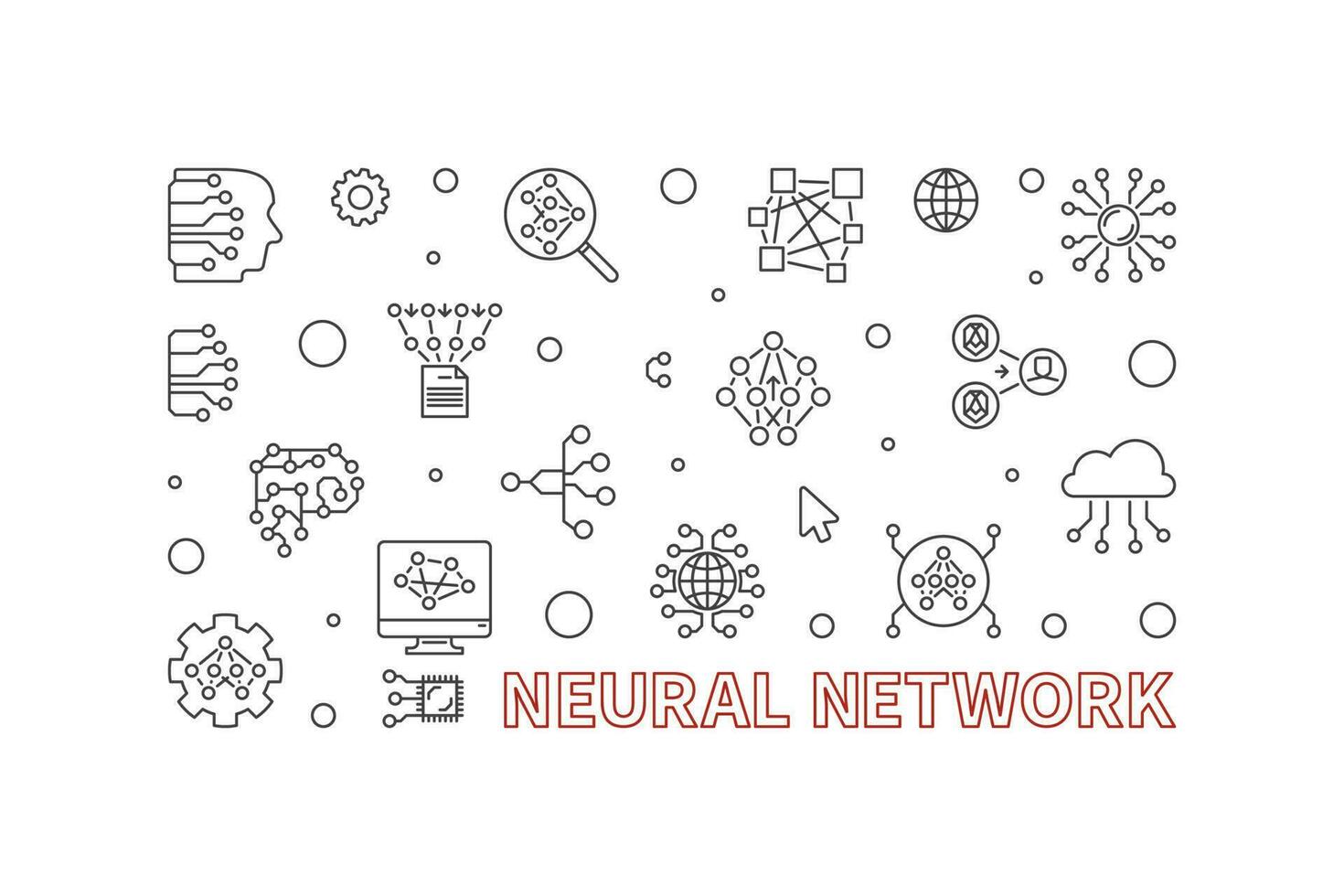 Neural Network outline horizontal banner. Vector Artificial Intelligence Technology illustration