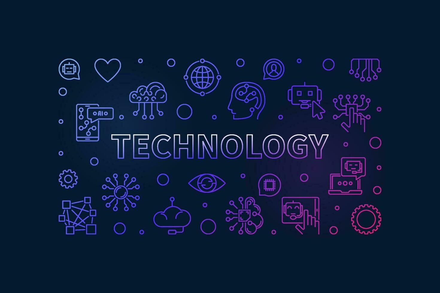 Technology concept line colored banner. AI and ML Tech vector horizontal illustration