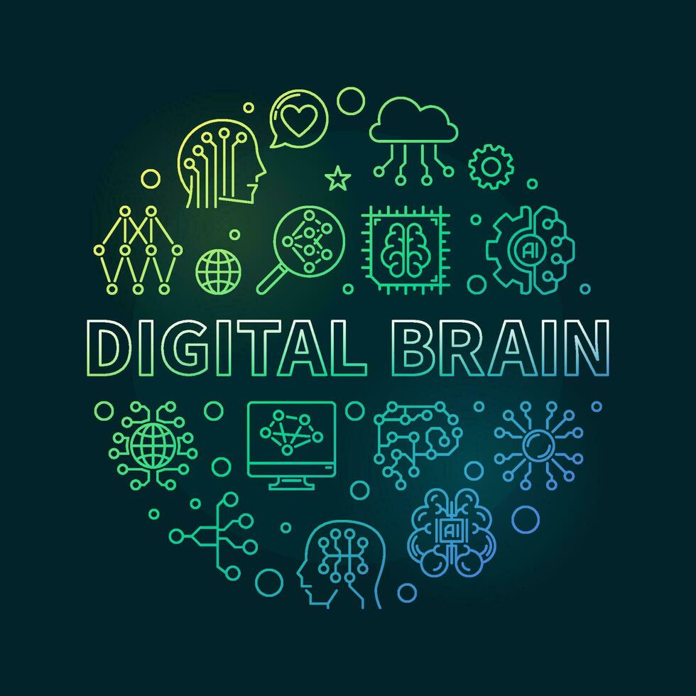 digital cerebro concepto redondo contorno de colores bandera - vector ilustración