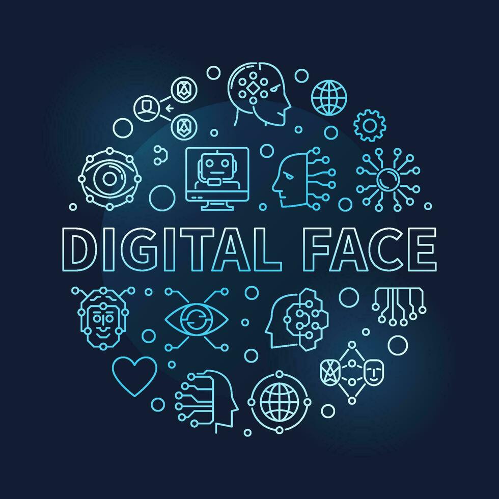 Digital Face concept line round vector blue banner - AI Bot Technology illustration