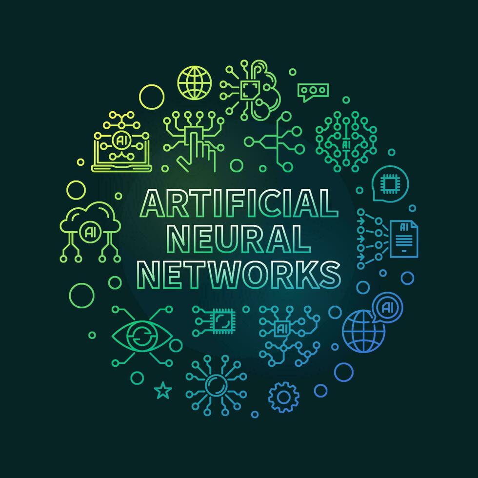 Artificial Neural Networks concept line round colored banner - vector AI Networks illustration