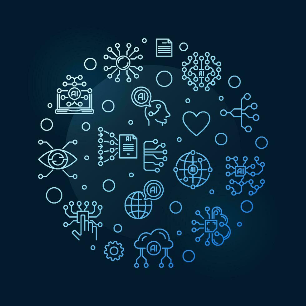Artificial Neural Networks concept line round blue banner - vector illustration