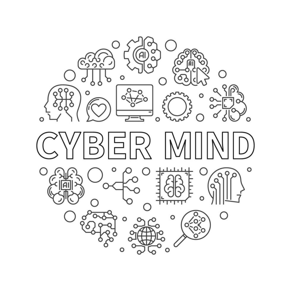 Cyber Mind concept minimal round outline banner - vector AI illustration