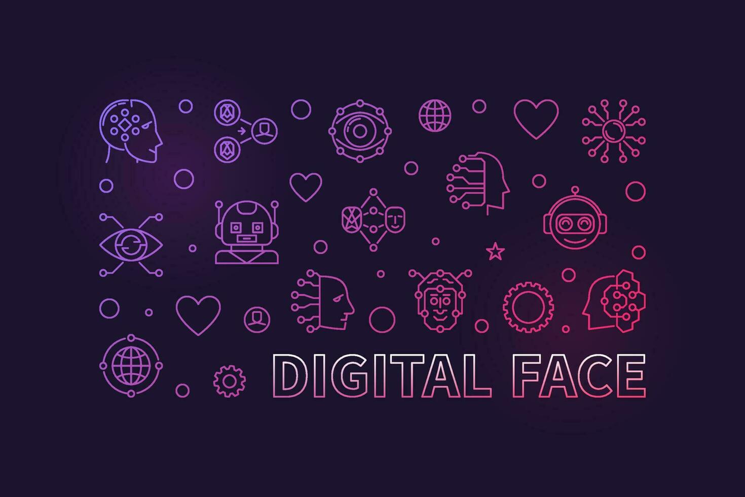 Digital Face concept line horizontal vector colorful banner - AI Bot Technology illustration