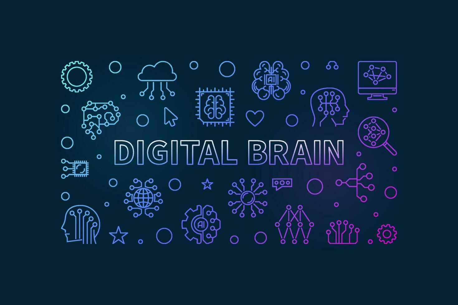 Digital Brain concept horizontal thin line colored banner. Vector illustration