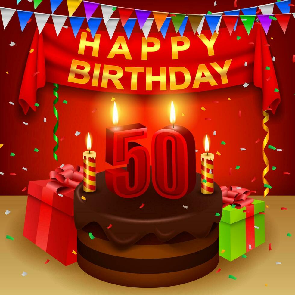 contento 50 cumpleaños con chocolate crema pastel y triangular bandera, vector ilustración
