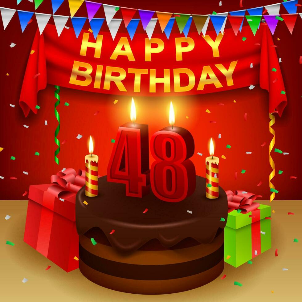 contento 48º cumpleaños con chocolate crema pastel y triangular bandera, vector ilustración