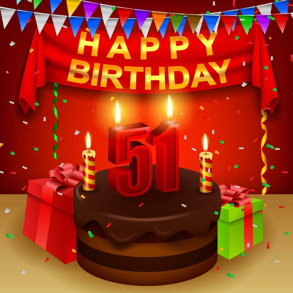 contento 51º cumpleaños con chocolate crema pastel y triangular bandera, vector ilustración