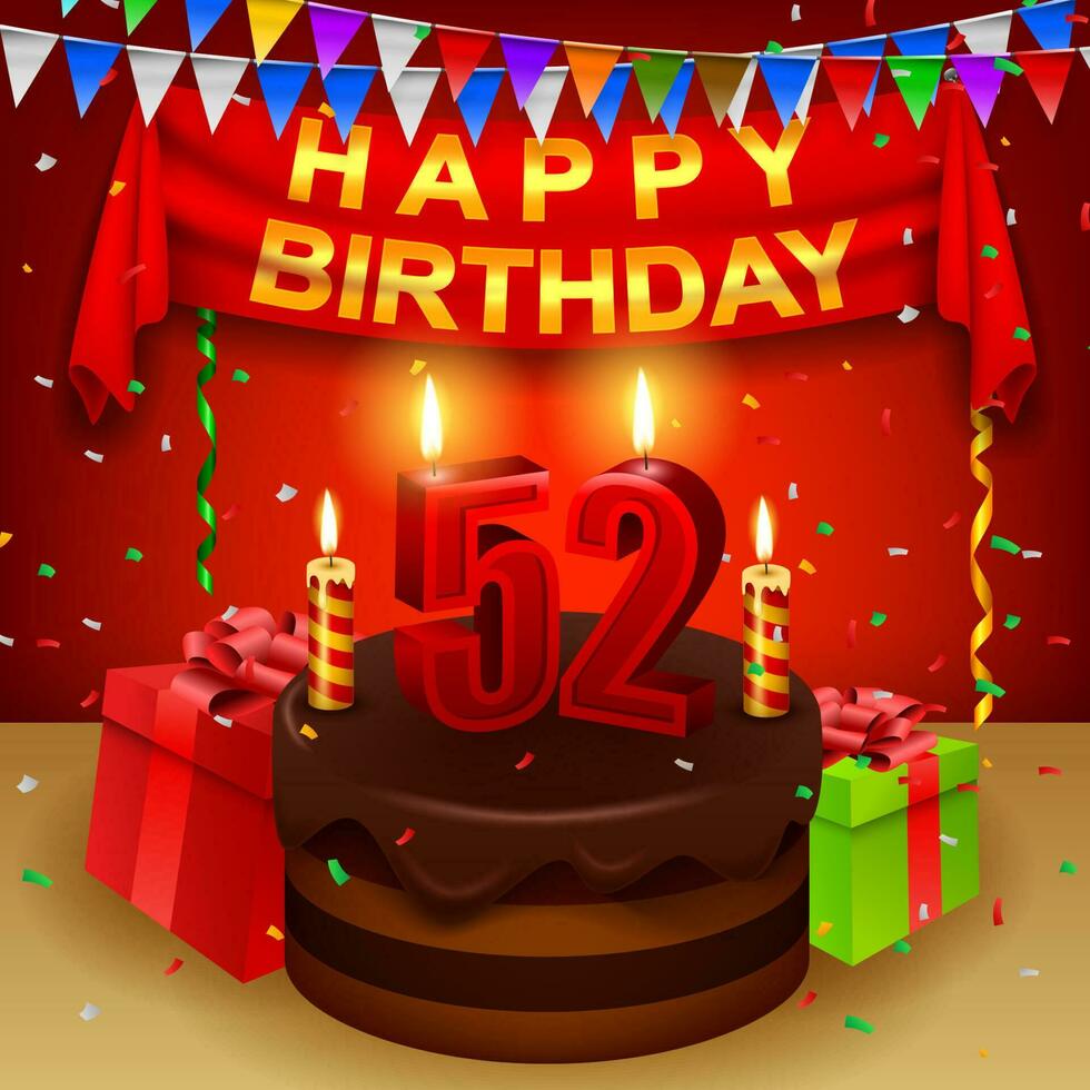 contento 52º cumpleaños con chocolate crema pastel y triangular bandera, vector ilustración