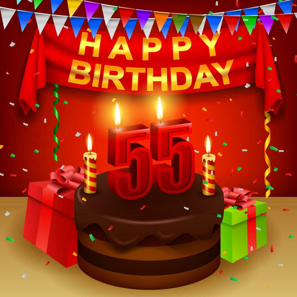 contento 55º cumpleaños con chocolate crema pastel y triangular bandera, vector ilustración