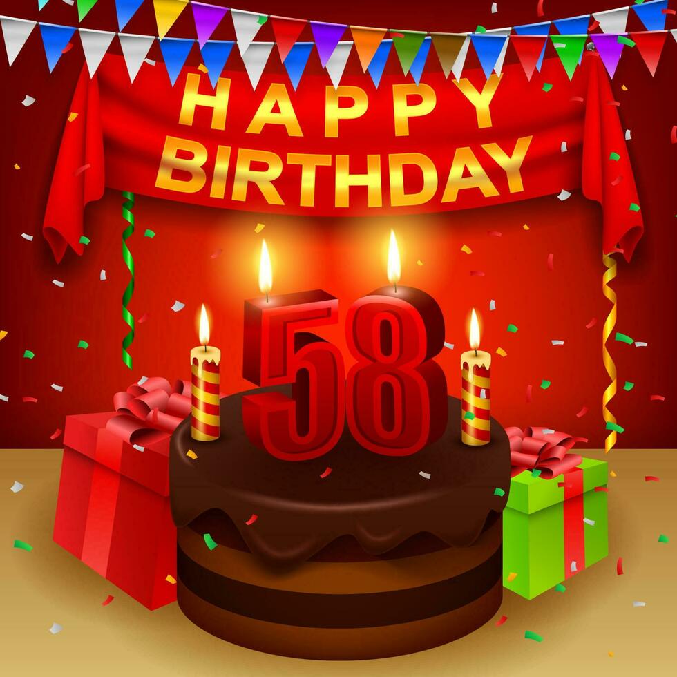 contento 58º cumpleaños con chocolate crema pastel y triangular bandera, vector ilustración