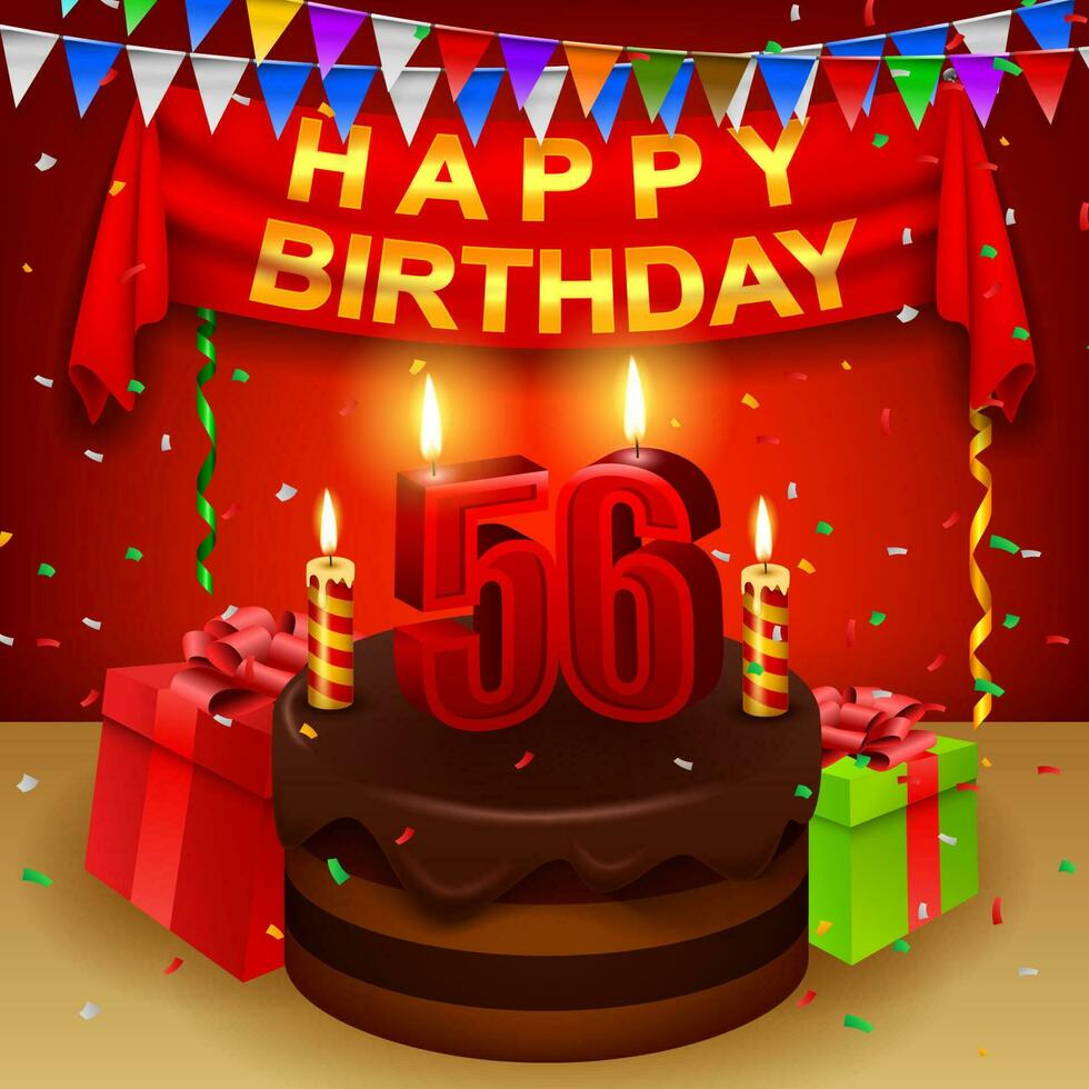 contento 56º cumpleaños con chocolate crema pastel y triangular bandera, vector ilustración