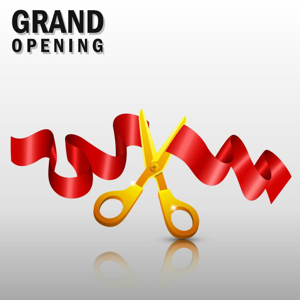 Grand opening with red ribbon and gold scissors, Vector Illustration