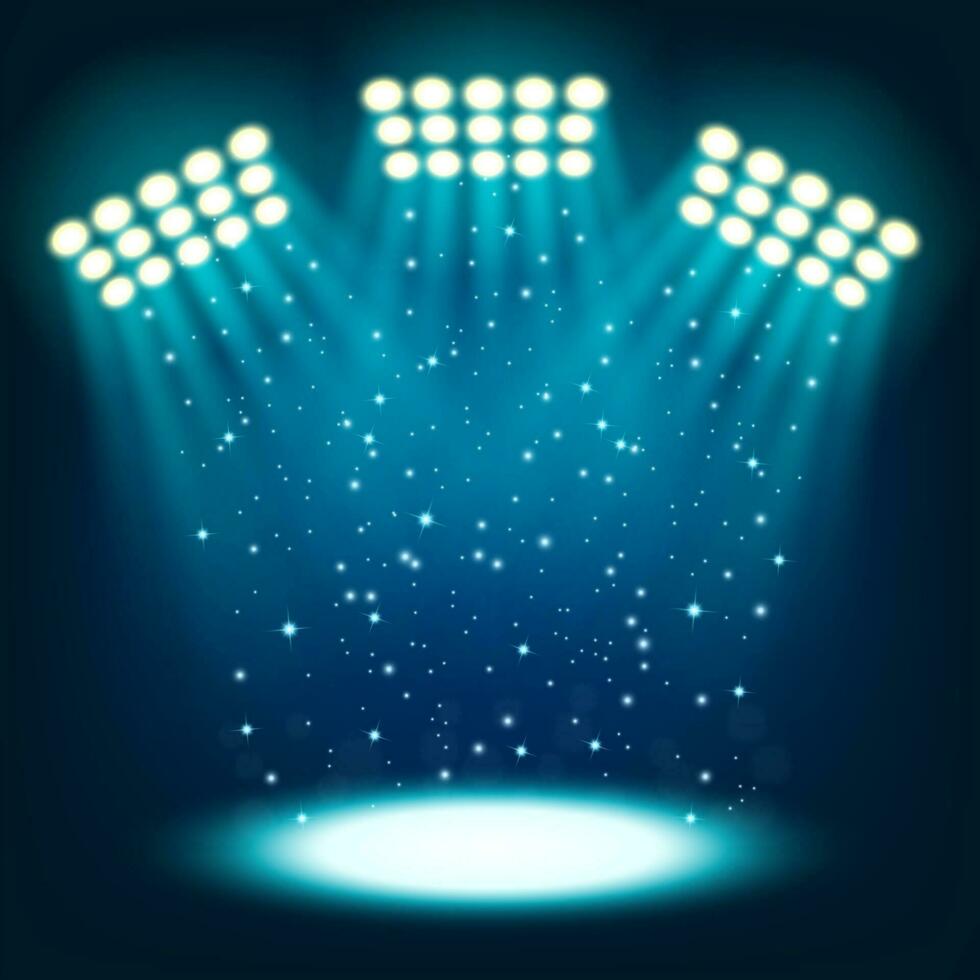 Bright stadium spotlights on dark blue background, Vector Illustration