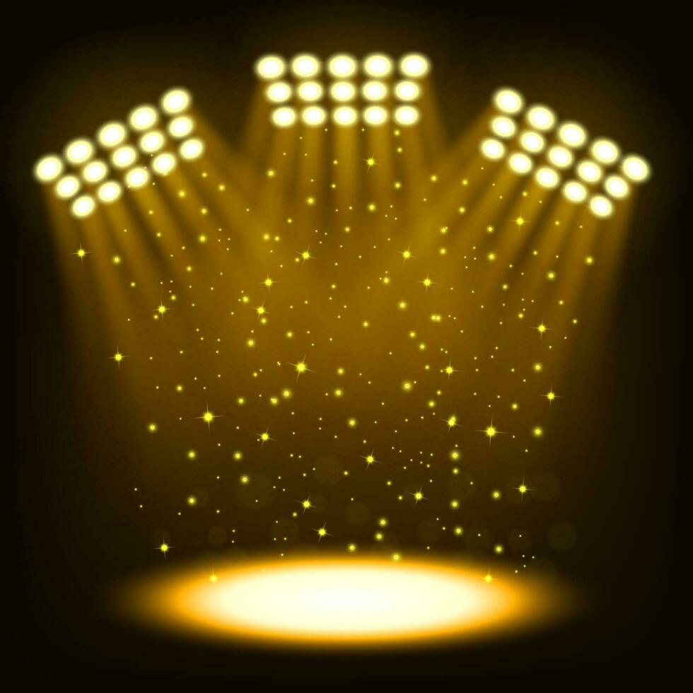 Bright stadium spotlights on dark gold background, Vector Illustration
