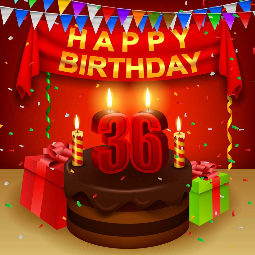 Happy 36th Birthday with chocolate cream cake and triangular flag, Vector Illustration