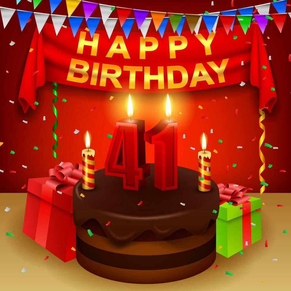 Happy 41st Birthday with chocolate cream cake and triangular flag, Vector Illustration