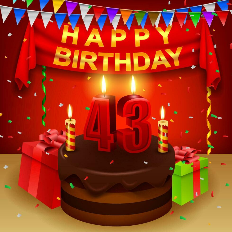 contento 43º cumpleaños con chocolate crema pastel y triangular bandera, vector ilustración