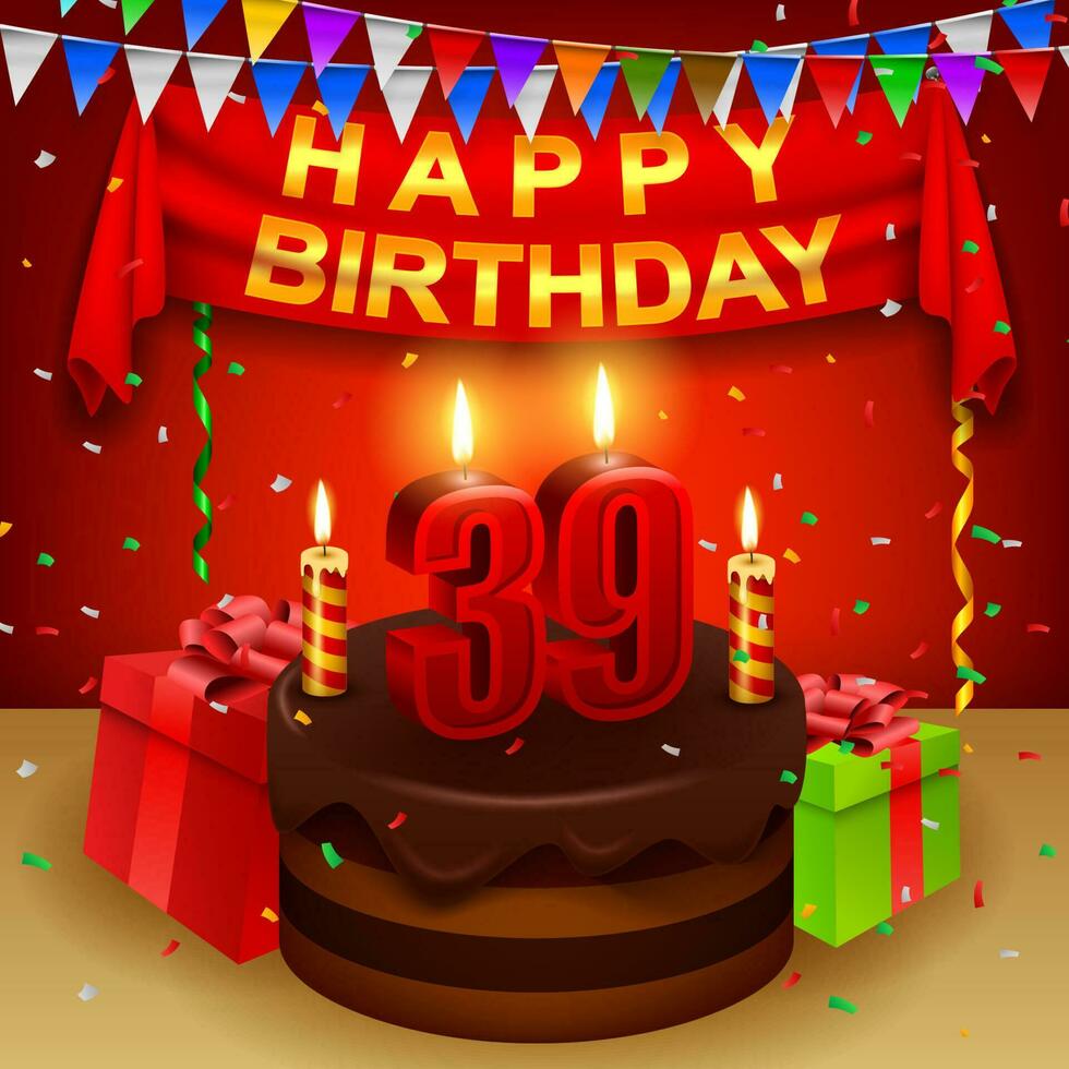 contento 39º cumpleaños con chocolate crema pastel y triangular bandera, vector ilustración