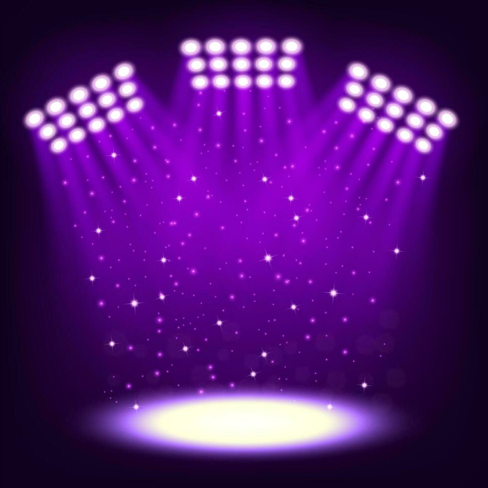 Bright stadium spotlights on dark violet background, Vector Illustration
