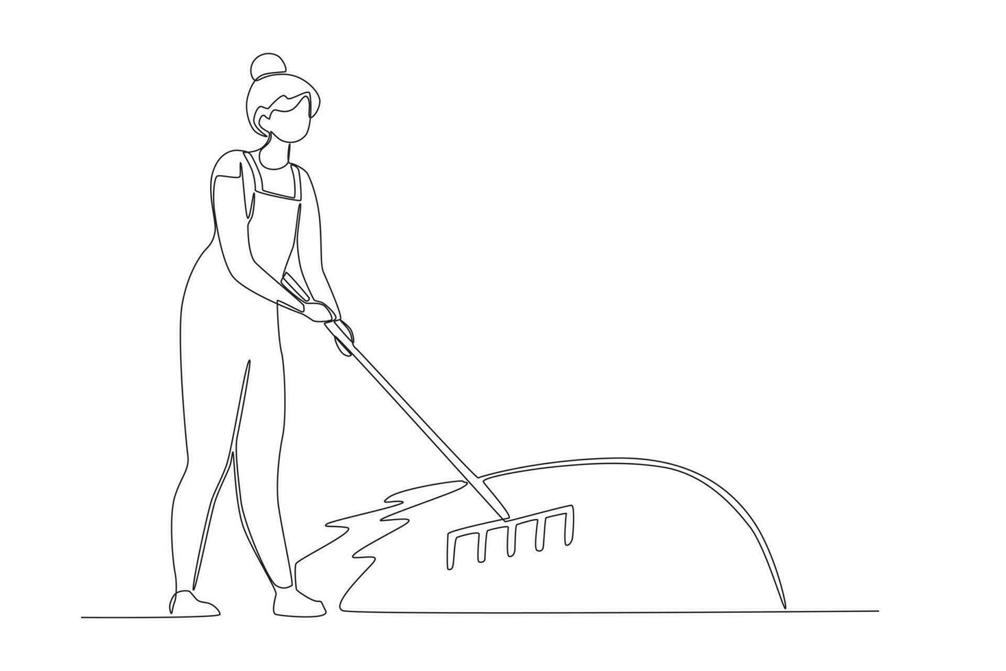 A woman sweeps the garden with a rake vector