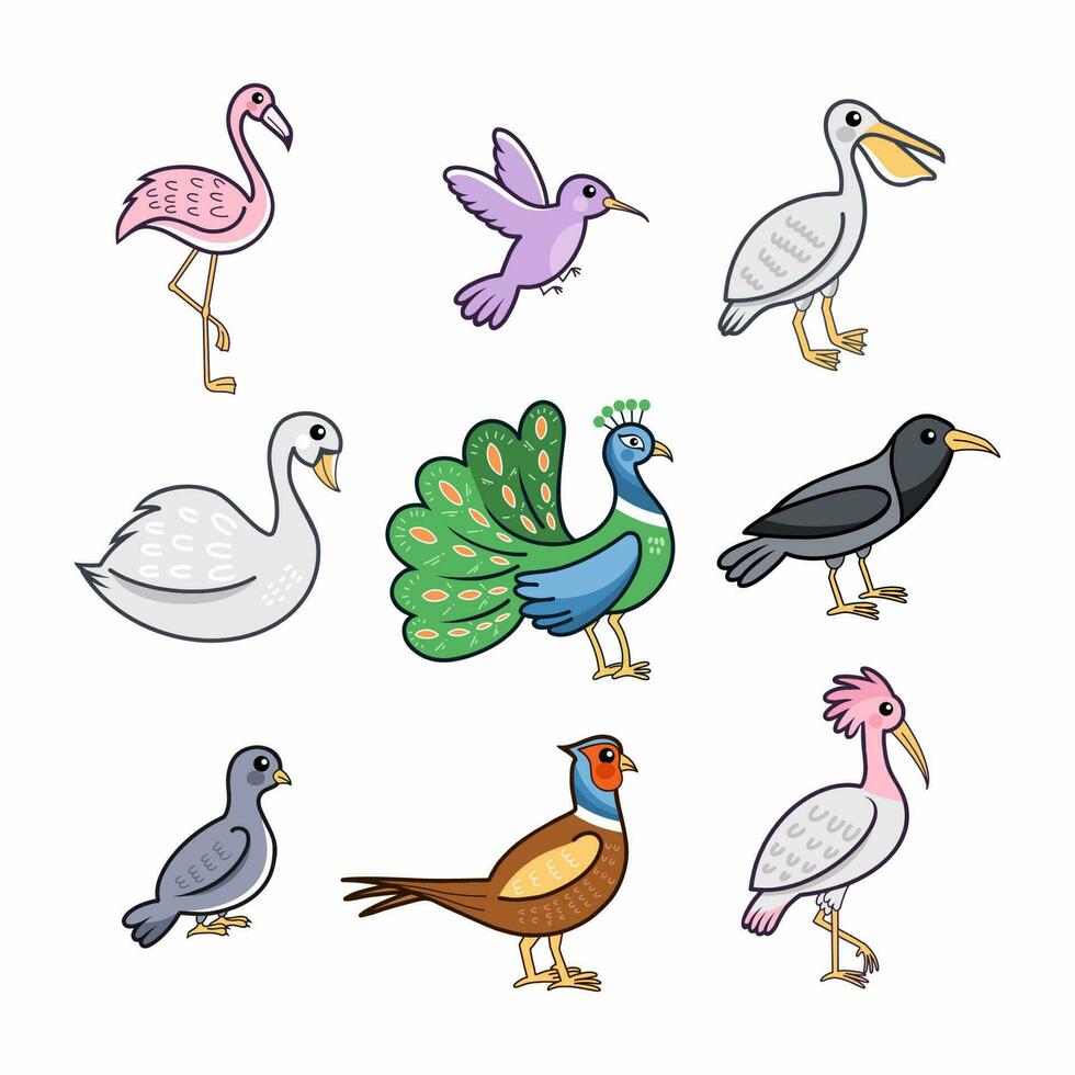 colección de aves en blanco antecedentes. conjunto de ilustraciones para niños. linda pegatina. dibujos animados estilo dibujo. vector